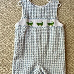 Blue and White Gingham Dinosaur Smocked jonjon